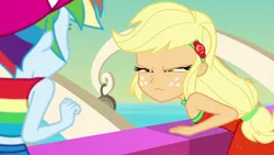 Size: 1920x1080 | Tagged: safe, derpibooru import, screencap, applejack, rainbow dash, equestria girls, equestria girls series, spring breakdown, spoiler:eqg series (season 2), angry, applejack is not amused, death stare, geode of super strength, leaning forward, magical geodes, narrowed eyes, not amused face, sexy, sleeveless, unamused