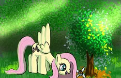 Size: 1247x801 | Tagged: safe, artist:platinumdrop, derpibooru import, fluttershy, parasprite, pegasus, pony, female, looking at something, looking down, mare, open mouth, outdoors, smiling, solo, standing, tree, wings