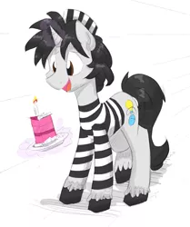 Size: 1763x2110 | Tagged: artist:flutterthrash, birthday, birthday cake, cake, clothes, derpibooru import, food, hat, oc, oc:creative flair, prison outfit, prison stripes, safe, solo, unofficial characters only