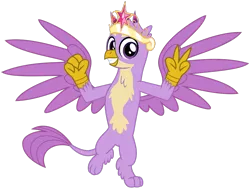 Size: 1024x781 | Tagged: safe, artist:cheezedoodle96, derpibooru import, edit, vector edit, gallus, twilight sparkle, gryphon, big crown thingy, claws, clenched fist, element of magic, fabulous, flying, jewelry, palette swap, purple, recolor, regalia, simple background, smiling, transparent background, vector