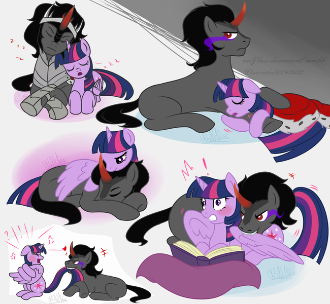 Size: 1300x1200 | Tagged: suggestive, artist:wolfkice, derpibooru import, king sombra, twilight sparkle, twilight sparkle (alicorn), alicorn, pony, unicorn, armor, biting, blushing, book, cape, censored vulgarity, clothes, colored horn, comic, crown, curved horn, female, heart, horn, jewelry, lying, male, mare, nibbling, onomatopoeia, regalia, shipping, sleeping, sombra eyes, sombra's horn, sound effects, stallion, straight, surprised, tail, tail pull, twibra, wing blanket, zzz