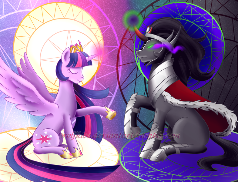 Size: 1700x1300 | Tagged: safe, artist:wolfkice, derpibooru import, king sombra, twilight sparkle, twilight sparkle (alicorn), alicorn, pony, unicorn, abstract background, armor, cape, clothes, colored horn, crown, curved horn, eyes closed, female, halo, horn, horseshoes, jewelry, magic, male, mare, regalia, shipping, sitting, sombra eyes, sombra's horn, stallion, straight, twibra, watermark