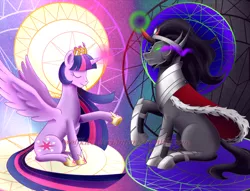 Size: 1700x1300 | Tagged: safe, artist:wolfkice, derpibooru import, king sombra, twilight sparkle, twilight sparkle (alicorn), alicorn, pony, unicorn, abstract background, armor, cape, clothes, colored horn, crown, curved horn, eyes closed, female, halo, horn, horseshoes, jewelry, magic, male, mare, regalia, shipping, sitting, sombra eyes, sombra's horn, stallion, straight, twibra, watermark