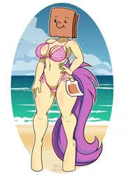 Size: 2480x3508 | Tagged: adorasexy, anthro, artist:tatemil, beach, bikini, breasts, clothes, cute, derpibooru import, female, oc, oc:paper bag, paper bag, pink swimsuit, sexy, sideboob, side-tie bikini, smiley face, solo, solo female, string bikini, suggestive, swimsuit, thong swimsuit, unofficial characters only