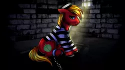 Size: 1280x720 | Tagged: safe, artist:megabait, derpibooru import, big macintosh, pony, ball and chain, clothes, hat, jail, prison, prison outfit, prison stripes, solo