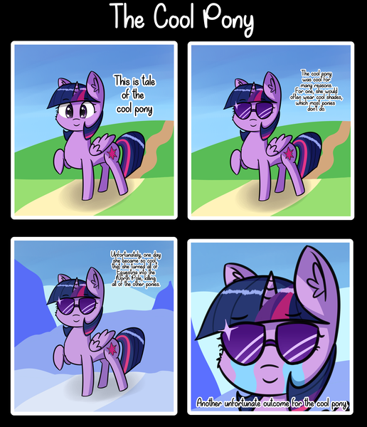 Size: 3467x4031 | Tagged: semi-grimdark, artist:artiks, derpibooru import, twilight sparkle, twilight sparkle (alicorn), alicorn, pony, bad end, comic, cool, crying, dark comedy, female, ice, implied apocalypse, mare, smiling, snow, solo, sunglasses, well that escalated quickly