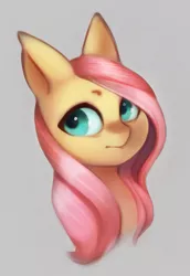 Size: 689x1000 | Tagged: safe, artist:derpyrider, derpibooru import, fluttershy, pegasus, pony, bust, female, gray background, looking sideways, mare, portrait, simple background, solo, three quarter view