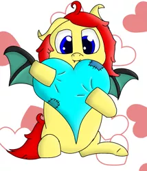 Size: 1047x1221 | Tagged: safe, artist:gamer-shy, derpibooru import, oc, oc:gamershy yellowstar, bat pony, pony, blue eyes, cute, fangs, heart, heart pillow, hearts and hooves day, pillow, red mane, solo, yellow fur