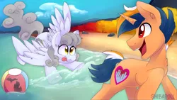 Size: 3200x1800 | Tagged: safe, artist:shibaroll, deleted from derpibooru, derpibooru import, oc, oc:metromotors, unofficial characters only, pegasus, pony, unicorn, beach, beach ball, duo, female, friendship, gray coat, inflatable, male, michigan, sand, tongue out, water, watermark, wings