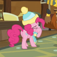 Size: 201x201 | Tagged: safe, derpibooru import, screencap, pinkie pie, prince rutherford, earth pony, pony, yak, best gift ever, animated, balloonbutt, butt, cropped, female, gif, male, mare, picture for breezies, plot, solo focus