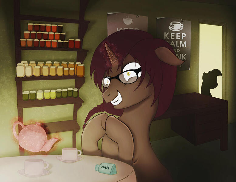 Size: 900x695 | Tagged: safe, artist:mimic-slenderpony, derpibooru import, oc, oc:bubble tea, unofficial characters only, pony, unicorn, braid, crazy face, crazy smile, creepy, creepy grin, cup, faic, female, floppy ears, food, glasses, grin, levitation, magic, mare, poison, shrunken pupils, smiling, solo, tea, tea kettle, teacup, telekinesis