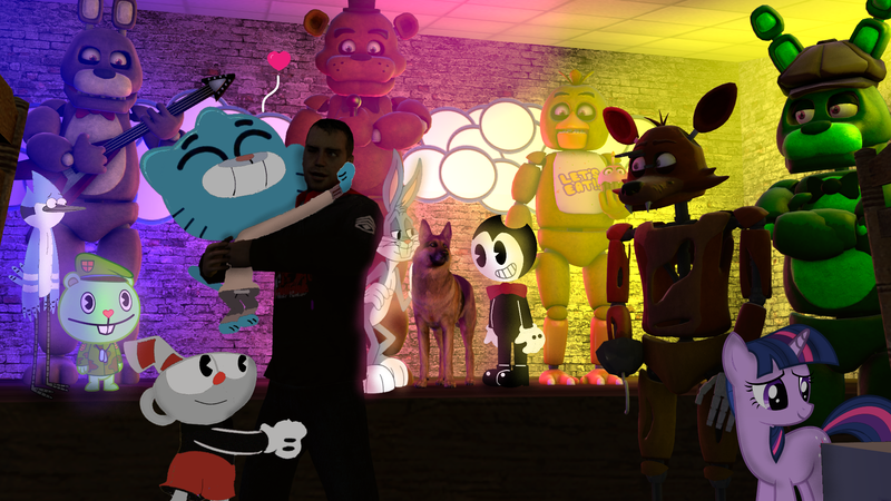 Size: 1920x1080 | Tagged: safe, artist:faze-alan-mskull2019, derpibooru import, twilight sparkle, dog, german shepherd, human, pony, 3d, bendy, bendy and the ink machine, bonnie, bugs bunny, chica, crossover, cuphead, cuphead (character), five nights at freddy's, flippy, foxy, freddy fazbear, happy tree friends, hat, looney tunes, mordecai, regular show