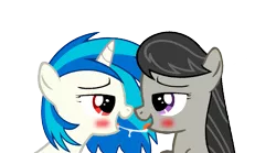 Size: 1023x568 | Tagged: suggestive, artist:rozyfly10, derpibooru import, octavia melody, vinyl scratch, earth pony, pony, unicorn, blushing, drool, drool string, female, kissing, lesbian, lidded eyes, looking at each other, mare, missing accessory, open mouth, scratchtavia, shipping, simple background, sloppy kissing, tongue out, transparent background, wrong eye color