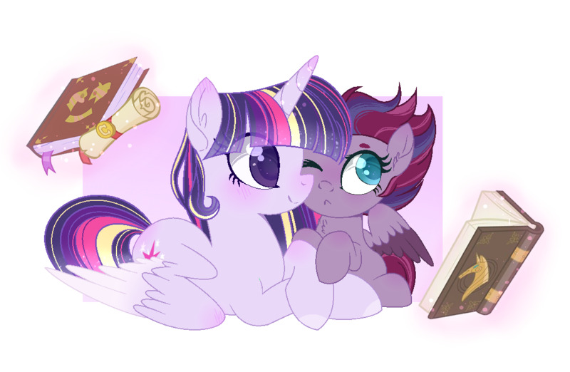 Size: 1150x750 | Tagged: safe, artist:verona-5i, derpibooru import, twilight sparkle, twilight sparkle (alicorn), oc, oc:twinkle, alicorn, pegasus, pony, base used, book, female, filly, magic, magical lesbian spawn, mother and child, mother and daughter, offspring, parent:tempest shadow, parent:twilight sparkle, parents:tempestlight, prone, scroll, simple background, transparent background, two toned wings, wings