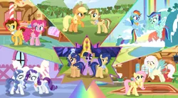 Size: 5633x3103 | Tagged: safe, artist:velveagicsentryyt, derpibooru import, applejack, fluttershy, pinkie pie, rainbow dash, rarity, twilight sparkle, twilight sparkle (alicorn), oc, oc:apple pie, oc:destiny, oc:galaxy swirls, oc:party pie, oc:rainbow blitzes, oc:sky city, oc:velvet sentry, alicorn, hybrid, pony, apple, apple tree, big crown thingy, carousel boutique, colored wings, colored wingtips, draconequus hybrid, element of generosity, element of honesty, element of kindness, element of laughter, element of loyalty, element of magic, elements of harmony, fluttershy's cottage, generation xerox, heterochromia, interspecies offspring, jewelry, mane six, mannequin, next generation, offspring, parent:applejack, parent:caramel, parent:cheese sandwich, parent:discord, parent:fancypants, parent:flash sentry, parent:fluttershy, parent:pinkie pie, parent:rainbow dash, parent:rarity, parent:soarin', parent:twilight sparkle, parents:carajack, parents:cheesepie, parents:discoshy, parents:flashlight, parents:raripants, parents:soarindash, rainbow falls (location), rainbow waterfall, regalia, sugarcube corner, sweet apple acres, tree, twilight's castle, wings
