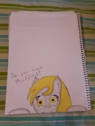 Size: 3072x4071 | Tagged: safe, artist:juani236, derpibooru import, derpy hooves, pegasus, pony, book, fourth wall, happy, irl, looking at you, photo, solo, traditional art