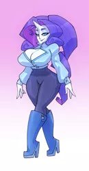 Size: 534x1023 | Tagged: artist:bigdad, big breasts, boob window, boots, breasts, busty rarity, cleavage, clothes, derpibooru import, female, high heel boots, horn, horned humanization, huge breasts, human, humanized, pony coloring, rarity, shoes, smiling, solo, solo female, suggestive