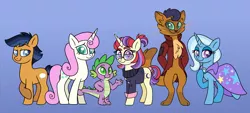 Size: 2560x1160 | Tagged: safe, artist:carouselunique, derpibooru import, capper dapperpaws, moondancer, quibble pants, spike, trixie, twinkleshine, abyssinian, anthro, dragon, earth pony, pony, unicorn, series:sunlight horizons, my little pony: the movie, anthro with ponies, blog:capperdancer chronicle, cape, clothes, coat, female, glasses, gradient background, looking at you, male, mare, stallion