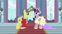 Size: 1211x660 | Tagged: safe, artist:3d4d, derpibooru import, comet tail, twilight sparkle, twilight sparkle (alicorn), alicorn, pony, big crown thingy, clothes, cometlight, dress, element of magic, female, jewelry, male, marriage, regalia, royal wedding, shipping, straight, wedding, wedding dress