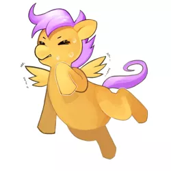 Size: 771x771 | Tagged: safe, artist:picorna, derpibooru import, scootaloo, pegasus, pony, blank flank, cute, cutealoo, eyes closed, female, filly, flying, pixiv, scootaloo can fly, simple background, solo, sweat, sweatdrop, trying to fly, white background, wing flap