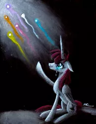 Size: 1681x2171 | Tagged: safe, artist:brogararts, derpibooru import, oc, oc:fausticorn, alicorn, pony, bittersweet, black background, crying, emotional, end of ponies, farewell, feels, implied mane six, light, looking up, sad, shooting star, signature, simple background, smiling, the end, traditional art, tragic, waving