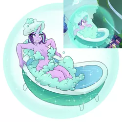 Size: 2325x2325 | Tagged: suggestive, artist:ambris, derpibooru import, starlight glimmer, anthro, pony, unicorn, father knows beast, season 8, spoiler:s08, anthro with ponies, armpits, bath, bathtub, bathtub gag, breasts, bubble, bubble censor, embarrassed, embarrassed nude exposure, exhibitionism, female, gritted teeth, hat, levitation, magic, magic bubble, mare, nudity, public nudity, scene interpretation, self-levitation, shower cap, sketch, solo, solo female, strategically covered, suds, telekinesis