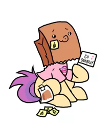 Size: 700x800 | Tagged: safe, artist:paperbagpony, derpibooru import, oc, oc:paper bag, earth pony, pony, clothes, crying, fake cutie mark, female, paper bag, post-it, shirt, simple background, sticky note, white background