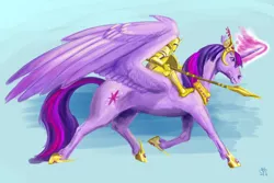 Size: 1024x683 | Tagged: safe, artist:dranoo, derpibooru import, twilight sparkle, twilight sparkle (alicorn), alicorn, horse, pony, armor, crown, female, glowing horn, hoof shoes, horn, humans riding horses, humans riding ponies, jewelry, jousting, knight, mare, peytral, regalia, riding, shield, simple background, spear, war horse, weapon
