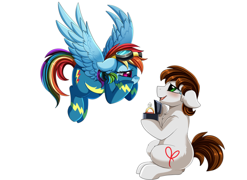 Size: 1024x745 | Tagged: safe, artist:pridark, derpibooru import, rainbow dash, oc, oc:dreamer, pony, canon x oc, clothes, crying, engagement ring, female, goggles, male, marriage proposal, new hairstyle, rainmer, shipping, simple background, straight, tears of joy, transparent background, uniform, wonderbolts uniform