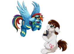 Size: 1024x745 | Tagged: safe, artist:pridark, derpibooru import, rainbow dash, oc, oc:dreamer, pony, canon x oc, clothes, crying, engagement ring, female, goggles, male, marriage proposal, new hairstyle, rainmer, shipping, simple background, straight, tears of joy, transparent background, uniform, wonderbolts uniform