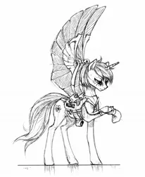 Size: 1000x1213 | Tagged: safe, artist:madhotaru, derpibooru import, oc, unofficial characters only, pony, unicorn, artificial wings, augmented, grayscale, mechanical wing, monochrome, simple background, solo, white background, wings