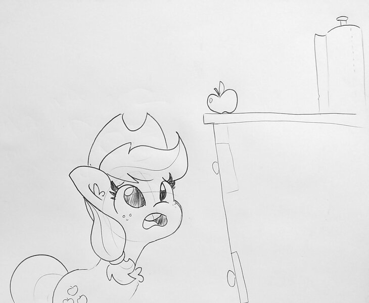 Size: 1548x1272 | Tagged: safe, artist:tjpones, derpibooru import, applejack, earth pony, pony, adorable distress, apple, counter, cute, female, food, jackabetes, lineart, looking up, mare, monochrome, open mouth, paper towels, pencil drawing, solo, that pony sure does love apples, traditional art