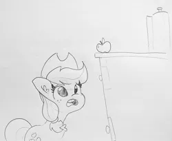 Size: 1548x1272 | Tagged: safe, artist:tjpones, derpibooru import, applejack, earth pony, pony, adorable distress, apple, counter, cute, female, food, jackabetes, lineart, looking up, mare, monochrome, open mouth, paper towels, pencil drawing, solo, that pony sure does love apples, traditional art