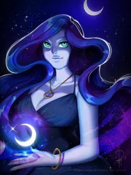 Size: 900x1200 | Tagged: artist:praeay, clothes, derpibooru import, dress, ethereal hair, human, humanized, jewelry, magic, moon, necklace, night, pony coloring, princess luna, safe, signature, smiling, solo