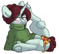 Size: 2868x2666 | Tagged: suggestive, artist:spoopygander, derpibooru import, oc, oc:taffeta, unofficial characters only, pony, unicorn, bedroom eyes, blushing, censored, dock, female, food, foodplay, jumper, lying down, mare, meat, pepperoni, pepperoni pizza, pizza, pubic fluff, raised leg, smiling, smirk, solo, spreading, spreading legs, strategically covered, underhoof