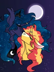 Size: 768x1024 | Tagged: artist needed, suggestive, derpibooru import, princess luna, sunset shimmer, alicorn, pony, unicorn, curved horn, eyes closed, female, galaxy, horn, horn ring, kissing, lesbian, lunashimmer, mare, marriage, moon, ring, shipping