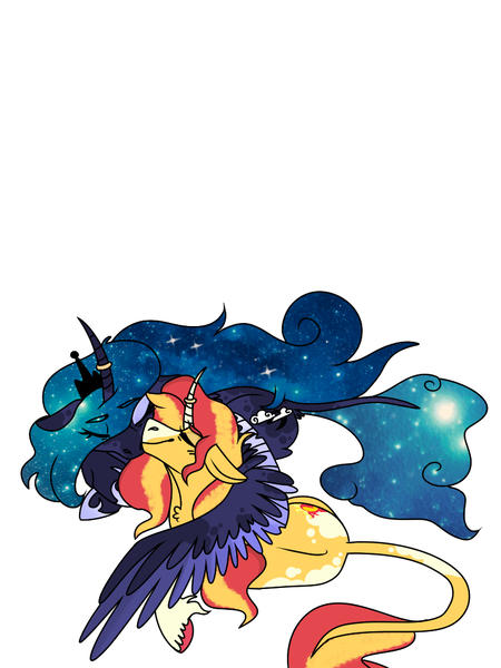 Size: 768x1024 | Tagged: artist needed, safe, derpibooru import, princess luna, sunset shimmer, alicorn, classical unicorn, pony, unicorn, cloven hooves, curved horn, ethereal mane, eyes closed, female, floppy ears, galaxy mane, horn, horn ring, leonine tail, lesbian, lunashimmer, lying down, mare, marriage, prone, ring, shipping, simple background, unshorn fetlocks