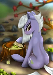 Size: 4250x6000 | Tagged: safe, artist:darksly, derpibooru import, limestone pie, earth pony, pony, absurd resolution, cute, female, juice, limabetes, lime, lime juice, looking back, mare, profile, rock, rock farm, serious, serious face, solo, tree stump