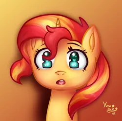 Size: 2000x1987 | Tagged: safe, artist:yumomochan, derpibooru import, sunset shimmer, pony, unicorn, bacon hair, bust, cute, cute face, digital art, female, food, gradient background, mare, orange, portrait, shimmerbetes