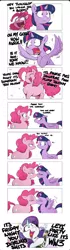 Size: 490x1759 | Tagged: source needed, safe, artist:shoutingisfun, derpibooru import, edit, pinkie pie, rarity, twilight sparkle, twilight sparkle (alicorn), alicorn, pony, alcohol, beer, chubbie pie, comic, cup, darling shits, drunk, drunk rarity, female, flapping wings, freaked out, friday night, fuck you, inappropriate censoring, joke, kissing, lesbian, prank, shipping, spread wings, twinkie, vulgar, wine, wingboner, wings, world war iii, wtf