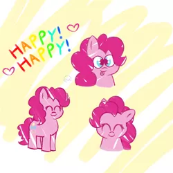 Size: 1024x1024 | Tagged: safe, artist:sweets-and-giggles, derpibooru import, pinkie pie, pony, abstract background, cute, diapinkes, doodle, eyes closed, happy, heart, looking at you, smiling, text, tongue out