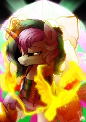 Size: 2480x3507 | Tagged: safe, artist:dormin-kanna, derpibooru import, oc, oc:armistice, unofficial characters only, pony, unicorn, bandana, commission, female, fire, high res, mare, solo