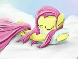 Size: 4000x3000 | Tagged: safe, artist:widelake, derpibooru import, fluttershy, pegasus, pony, cloud, cuddling, eyes closed, female, folded wings, hug, mare, nap, on a cloud, pillow, pillow hug, prone, sleeping, solo, stray strand, wings