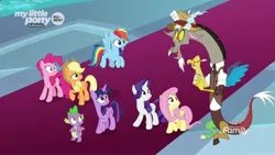 Size: 1920x1080 | Tagged: safe, derpibooru import, screencap, applejack, discord, fluttershy, pinkie pie, rainbow dash, rarity, spike, twilight sparkle, twilight sparkle (alicorn), alicorn, draconequus, dragon, earth pony, pegasus, pony, unicorn, the beginning of the end, clothes, discovery family logo, female, jacket, male, mane seven, mane six, mare, notepad, pencil, reporter, winged spike