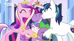 Size: 1920x1080 | Tagged: safe, derpibooru import, screencap, princess cadance, princess flurry heart, shining armor, spike, twilight sparkle, twilight sparkle (alicorn), alicorn, dragon, pony, unicorn, the beginning of the end, big crown thingy, crystal empire, cute, cutedance, discovery family logo, element of magic, eyes closed, family, family hug, female, filly, flurrybetes, foal, group hug, hug, jewelry, male, mare, regalia, shining adorable, smiling, sparkle family, spikabetes, stallion, twiabetes, winged spike