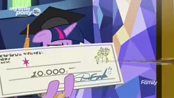 Size: 1920x1080 | Tagged: safe, derpibooru import, screencap, discord, twilight sparkle, twilight sparkle (alicorn), alicorn, pony, the beginning of the end, cheque, discovery family logo, female, giant check, graduation cap, hat, mare, solo