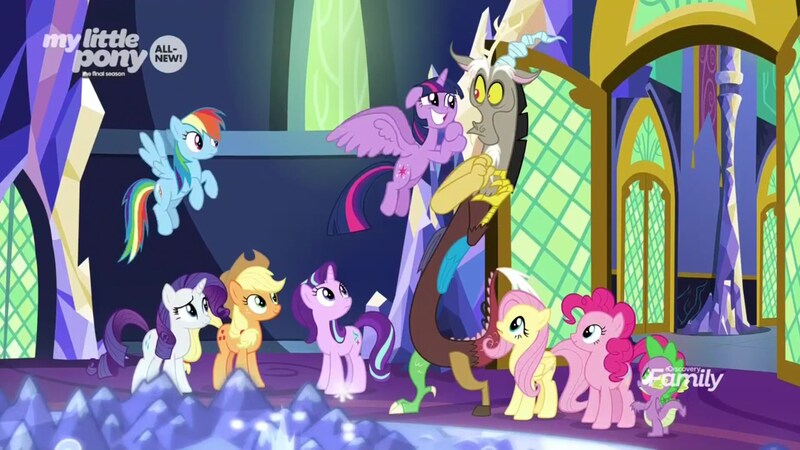 Size: 1920x1080 | Tagged: safe, derpibooru import, screencap, applejack, discord, fluttershy, pinkie pie, rainbow dash, rarity, spike, twilight sparkle, twilight sparkle (alicorn), alicorn, draconequus, dragon, earth pony, pegasus, pony, unicorn, the beginning of the end, cute, cutie map, discovery family logo, door, faic, female, male, mane seven, mane six, mare, twiabetes, twilight's castle, winged spike