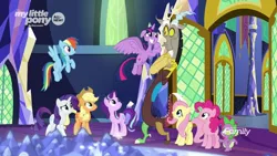 Size: 1920x1080 | Tagged: safe, derpibooru import, screencap, applejack, discord, fluttershy, pinkie pie, rainbow dash, rarity, spike, twilight sparkle, twilight sparkle (alicorn), alicorn, draconequus, dragon, earth pony, pegasus, pony, unicorn, the beginning of the end, cute, cutie map, discovery family logo, door, faic, female, male, mane seven, mane six, mare, twiabetes, twilight's castle, winged spike