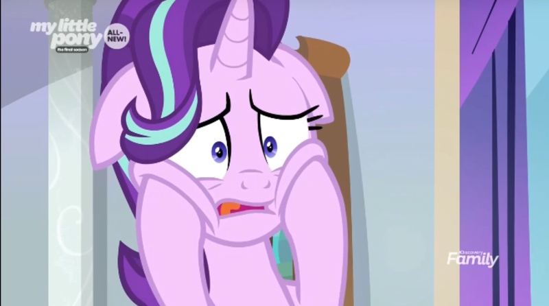 Size: 1875x1046 | Tagged: safe, derpibooru import, screencap, starlight glimmer, pony, unicorn, the beginning of the end, cheek squish, discovery family logo, female, floppy ears, mare, solo, squishy cheeks