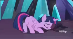 Size: 1879x1012 | Tagged: safe, derpibooru import, screencap, twilight sparkle, twilight sparkle (alicorn), alicorn, pony, the beginning of the end, crystal, discovery family logo, eyes closed, female, flank, mare, solo